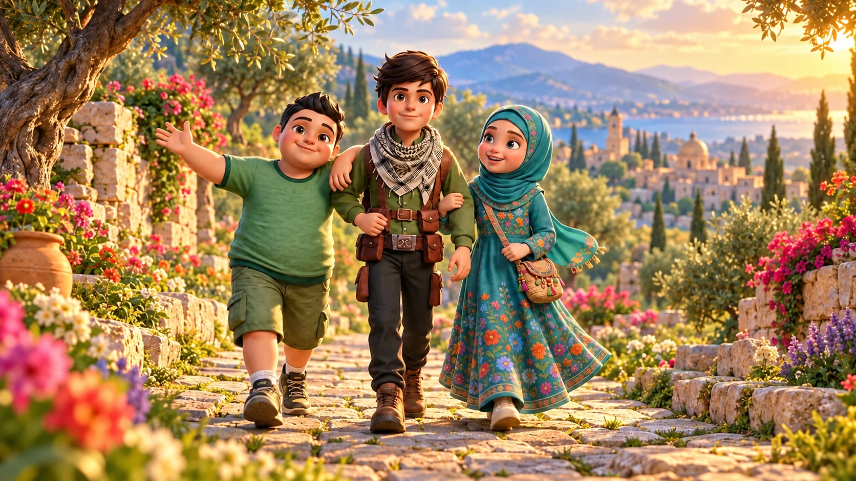 Yahya, Ismael and Fatima on a flower-lined stone path