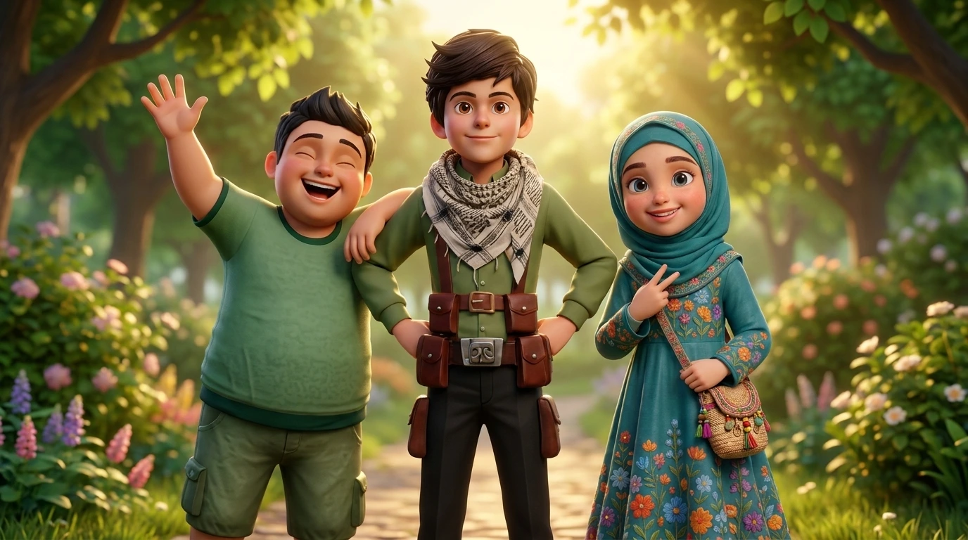 The three friends smiling together in a sunlit garden