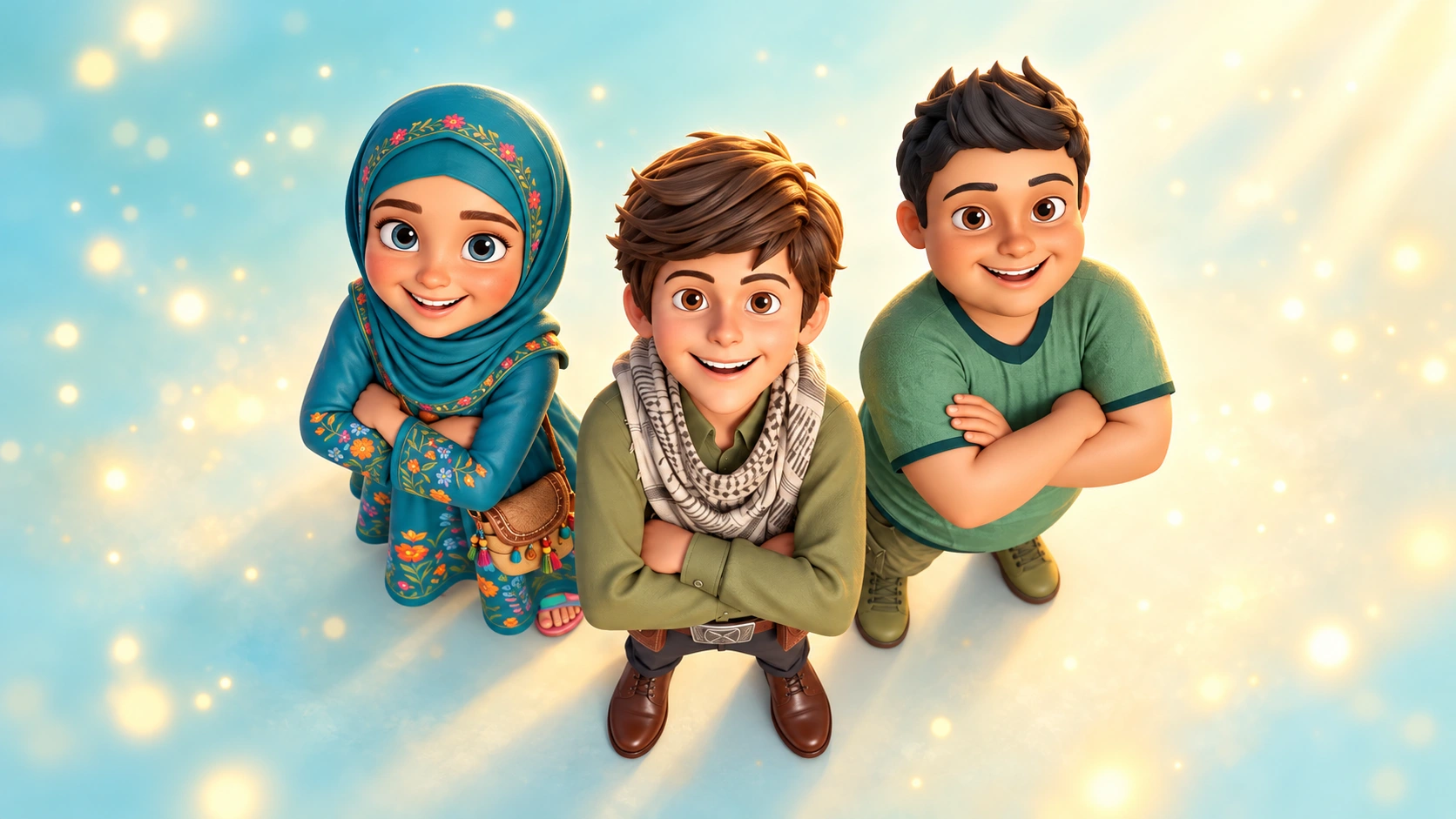 Fatima, Yahya and Ismael smiling together in warm golden light